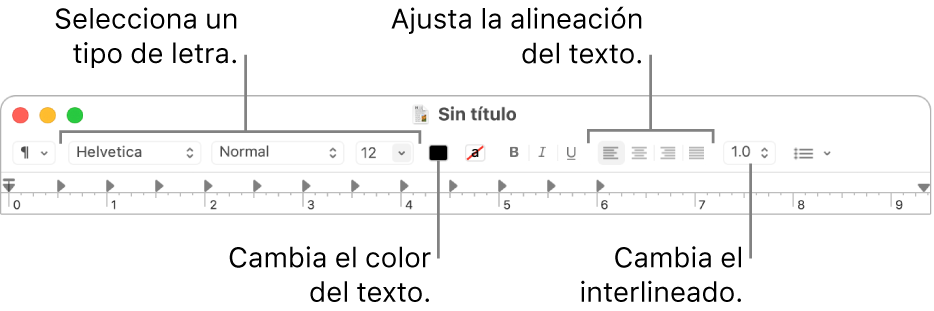 La barra de herramientas de TextEdit para un documento de texto enriquecido (RTF), mostrando los controles del tipo de letra y alineación y espaciado de texto.