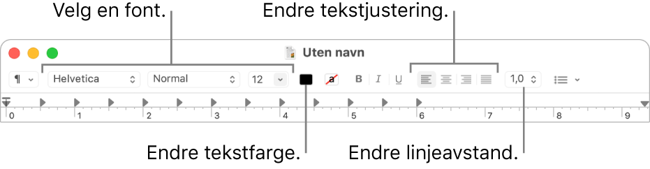 Tekstredigering-verktøylinjen for et rik tekst-dokument som viser fonten og kontroller for tekstjustering og avstand.