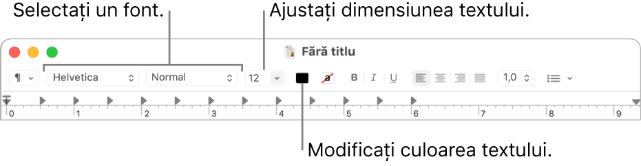 Bara de instrumente TextEdit afișând opțiunile pentru ajustarea dimensiunii, culorii și fontului textului.