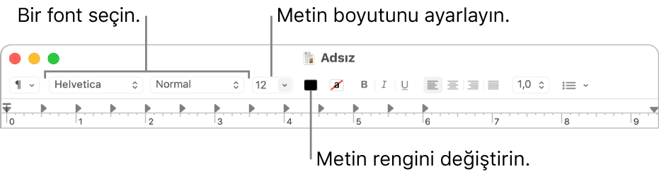 Metin puntosunu, rengini ve fontunu ayarlama seçeneklerini gösteren TextEdit araç çubuğu.