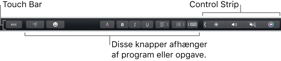 Touch Bar langs toppen af tastaturet med den formindskede Control Strip til højre og knapper, der varierer efter program eller opgave.