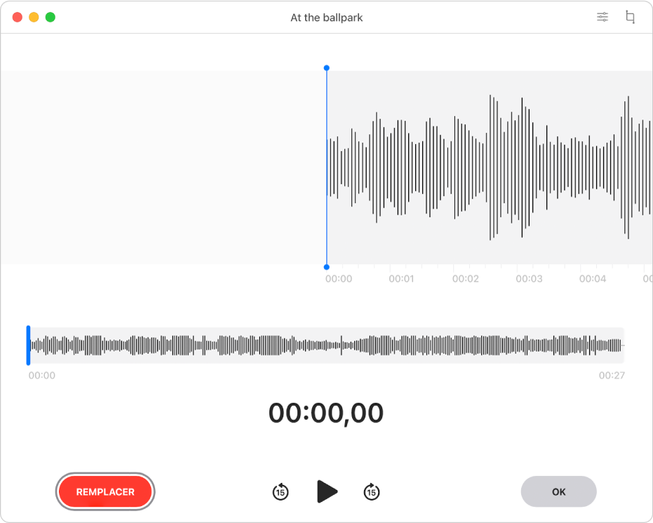 Un enregistrement Dictaphone. La tête de lecture est la ligne verticale bleue dans la partie inférieure de l’aperçu de la forme d’onde.