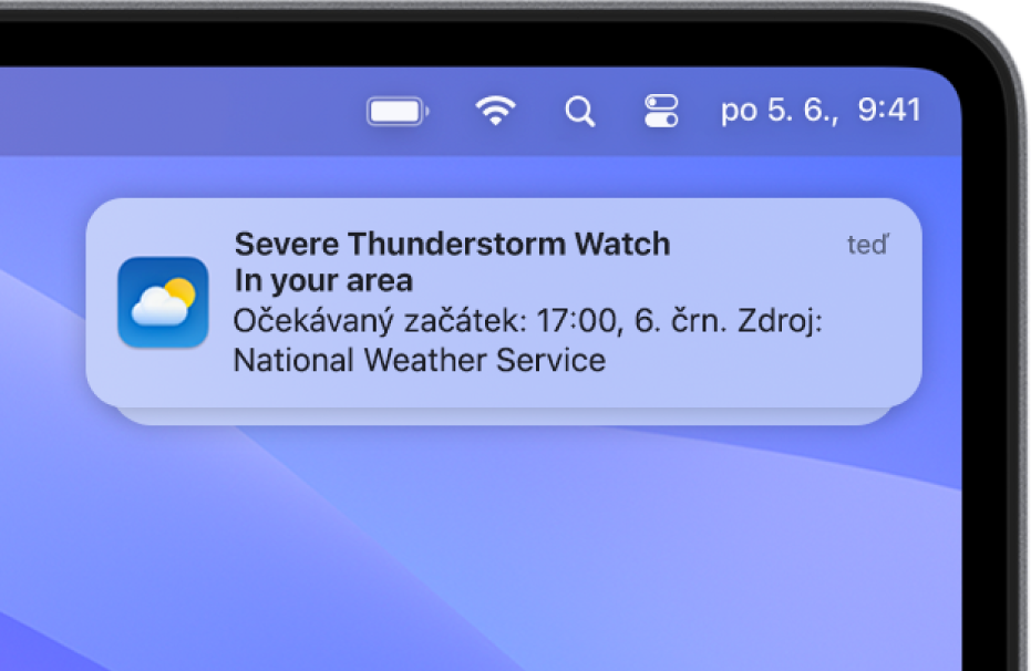 Oznámení s výstrahou ze státního hydrometeorologického ústavu upozorňující na extrémní bouřky.