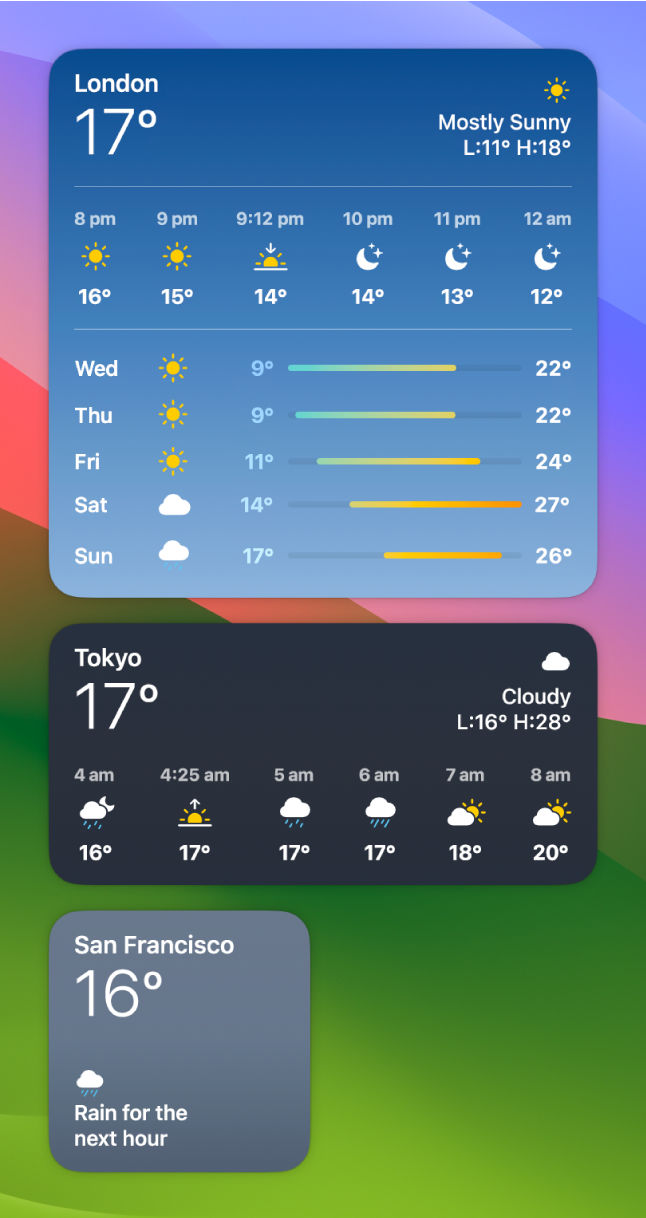 Small, medium and large Weather widgets.