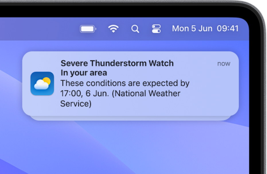 A notification showing an alert from the National Weather service about a severe thunderstorm.