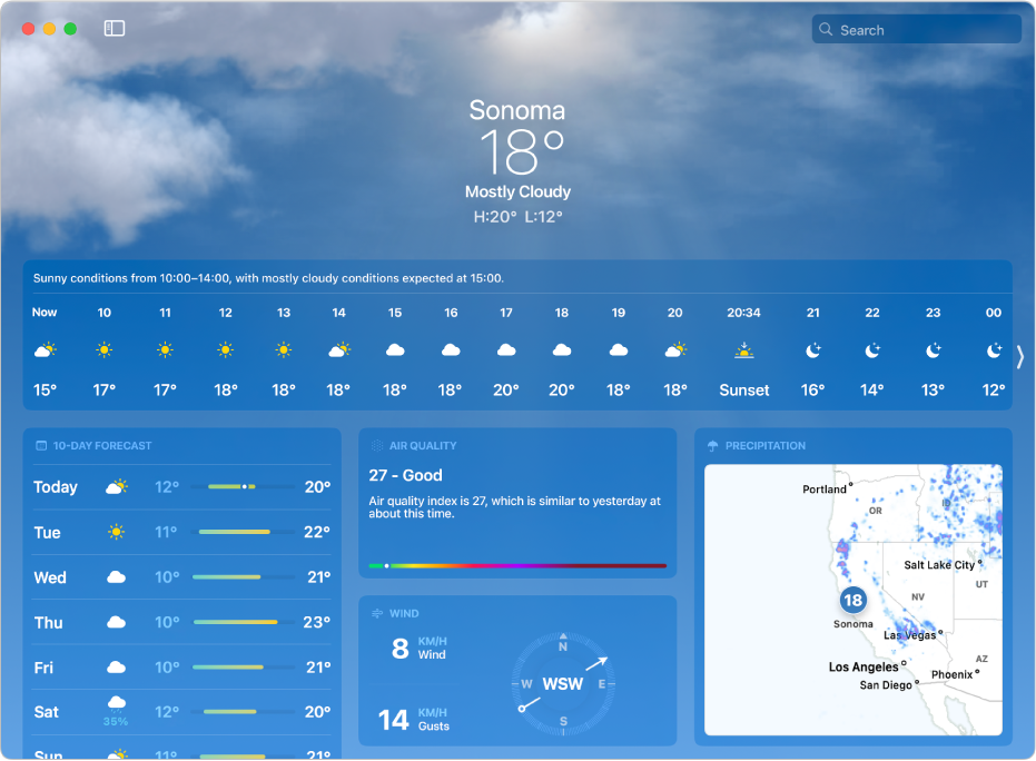 The Weather window showing the current temperature, the high and low temperatures for the day, the hourly forecast, the 10-day forecast, a precipitation map, and data about air quality, UV index, sunset, wind and amount of precipitation.