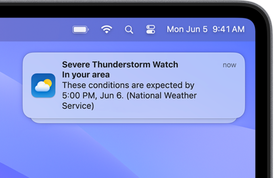 A notification showing an alert from the National Weather service about a severe thunderstorm.