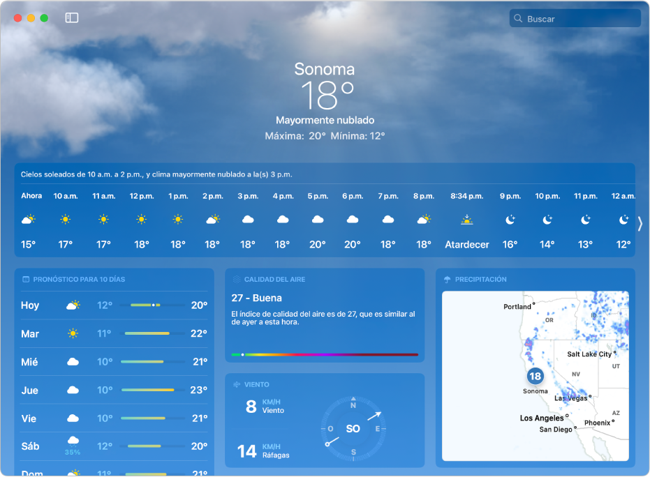 La ventana Clima mostrando la temperatura actual, las temperaturas mínimas y máximas del día, el pronóstico por hora, el pronóstico a 10 días, un mapa de precipitación y la información de la calidad del aire, la puesta del sol, el viento y la cantidad de precipitación.