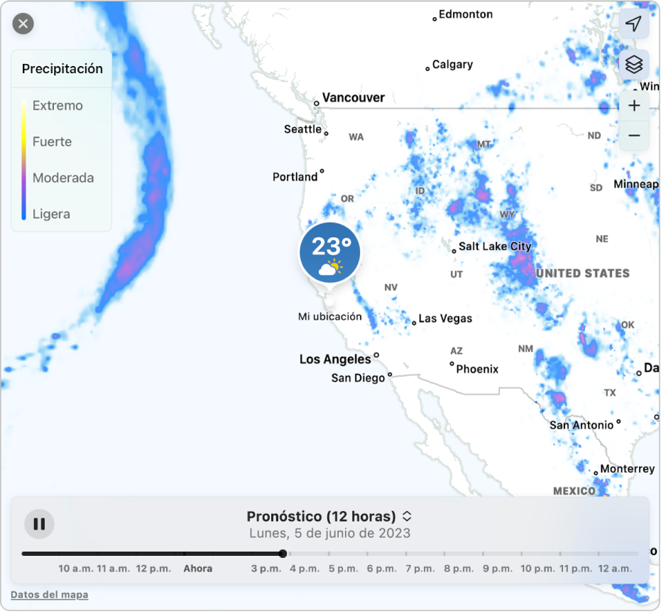 Un mapa detallado mostrando el pronóstico de precipitaciones en Cupertino, California.