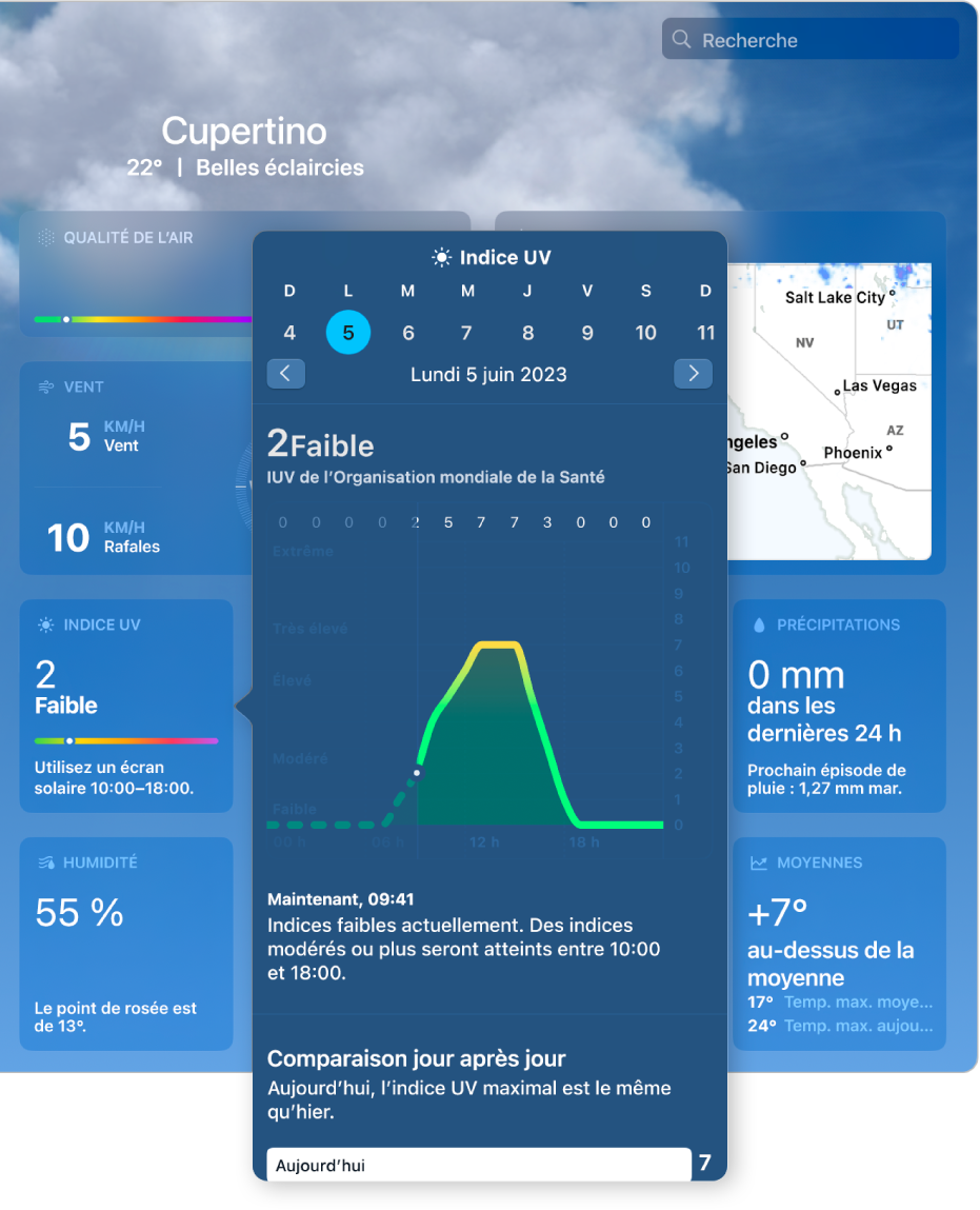 Des informations supplémentaires sur l’index UV, y compris un graphique de l’index UV de l’Organisation Mondiale de la Santé au fil de la journée, avec une description des données.