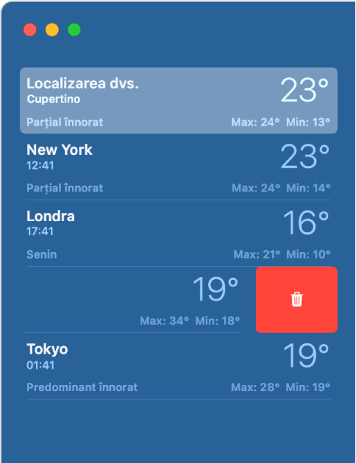 Bara laterală afișând diferite locuri într‑o listă meteo.