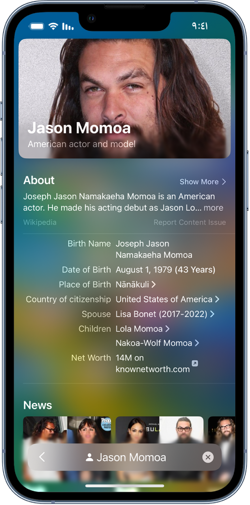 شاشة تعرض بحث على الـ iPhone. في الأعلى يظهر حقل البحث ويحتوي على اسم أحد المشاهير، وأسفله تظهر نتائج البحث التي تم العثور عليها للنص المستهدف.
