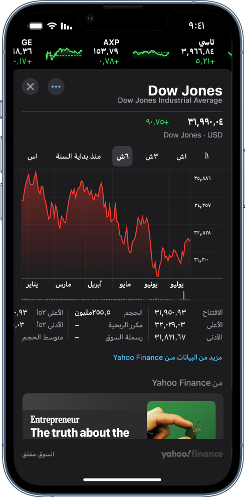 في منتصف الشاشة، يوجد مخطط يعرض أداء السهم على مدار يوم واحد. أعلى المخطط توجد أزرار لعرض أداء السهم في يوم واحد أو أسبوع واحد أو شهر واحد أو ثلاثة أشهر أو ستة أشهر أو سنة واحدة أو سنتين أو خمس سنوات. توجد أسفل المخطط تفاصيل السهم مثل السعر الافتتاحي والقيمة المرتفعة والقيمة المنخفضة وقيمة السوق. في الجزء السفلي من الشاشة تظهر مقالة من Apple News.