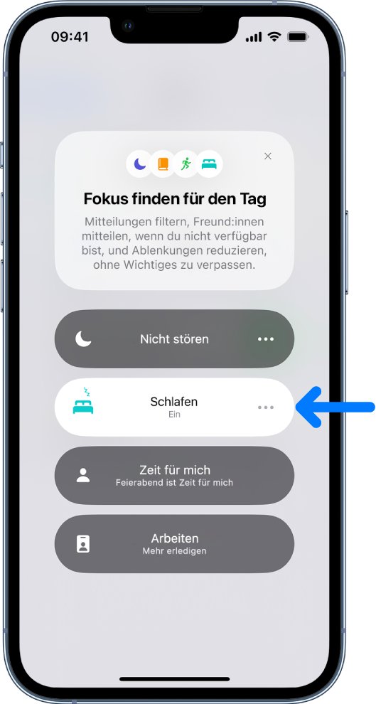 Der Bildschirm „Fokus finden für den Tag“ mit der aktivierten Option „Schlafen“.
