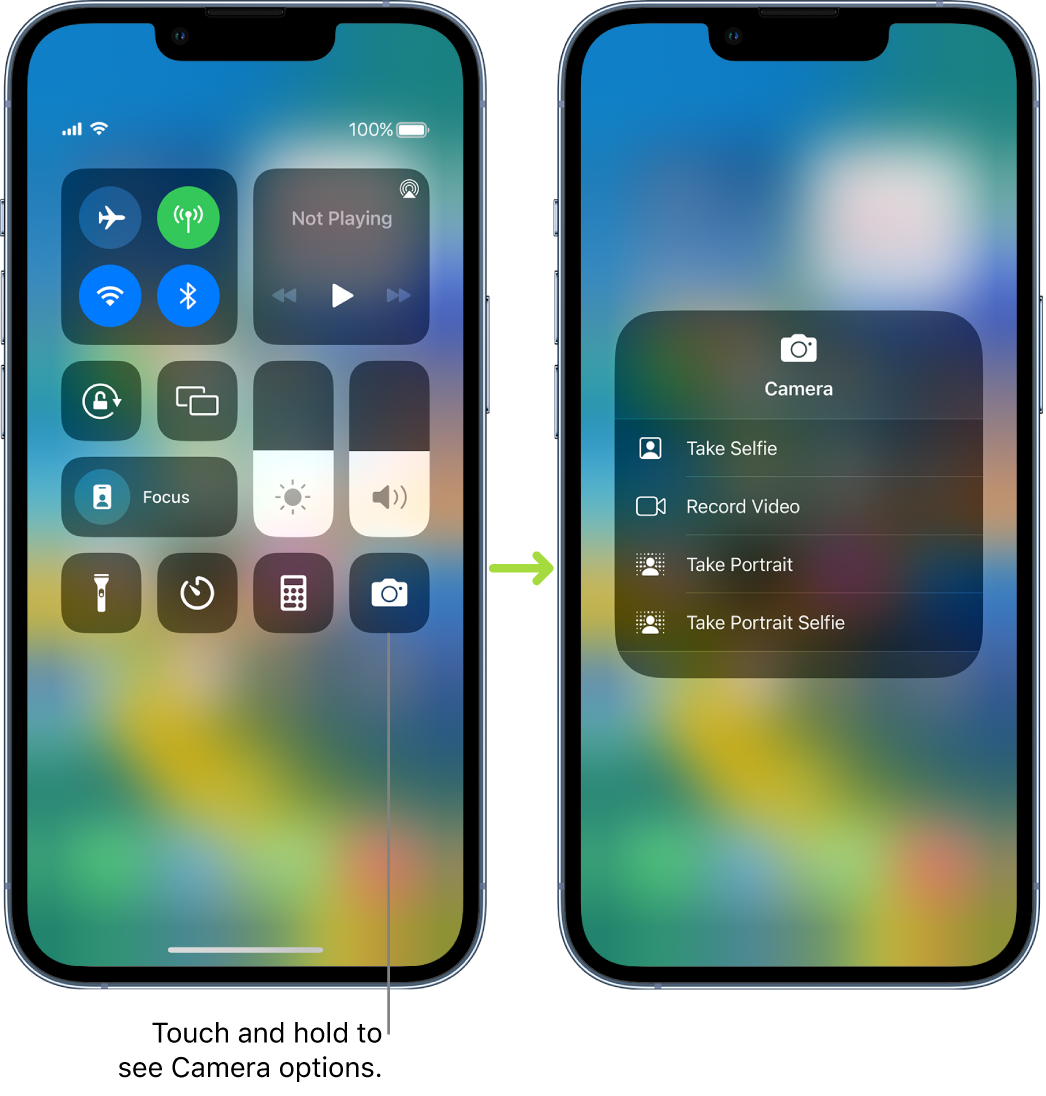 Two Control Center screens side by side—the one on the left shows controls for airplane mode, cellular data, Wi-Fi, and Bluetooth in the top-left group. The Camera icon is shown at the bottom right. The screen on the right shows more options in the quick actions menu for Camera: Take Selfie, Record Video, Take Portrait, and Take Portrait Selfie.