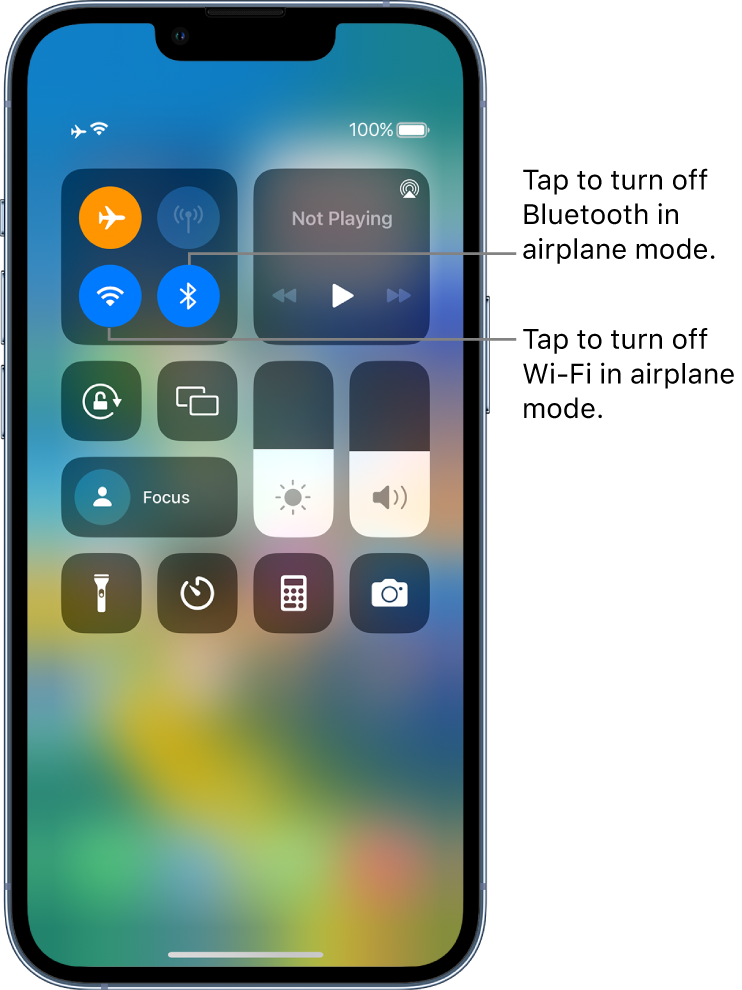 Control Center with airplane mode on. In the top-left group of controls are the Wi-Fi button (bottom left) and the Bluetooth button (bottom-right).