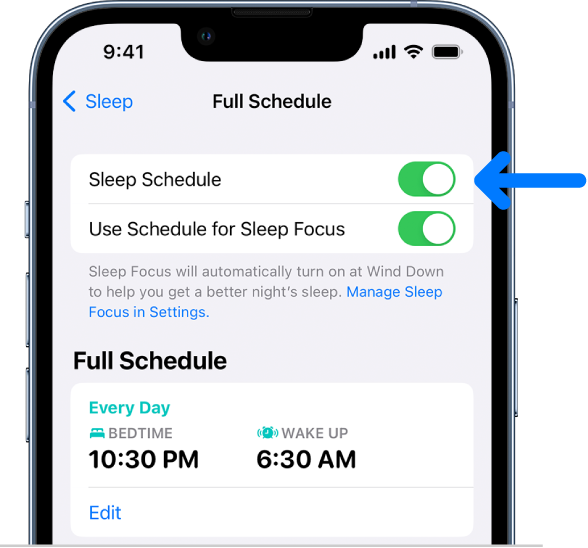 The Full Schedule screen with Sleep Schedule turned on at the top.