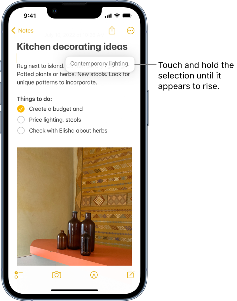 In a note in the Notes app, a selected phrase appears to rise as a result of a user touching and holding the selection.