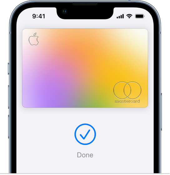 A credit card on the Wallet screen. Below the card is a checkmark and the word “Done.”