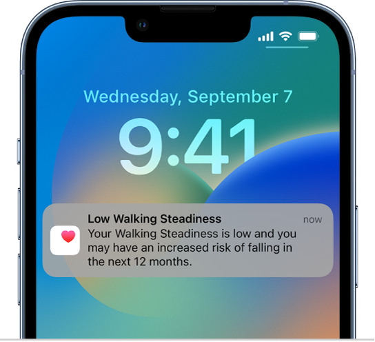 The Lock Screen with a Low Walking Steadiness notification.