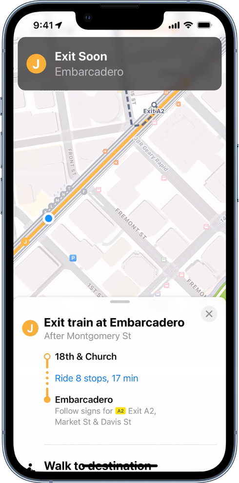 A map showing transit directions and a notification to exit soon.