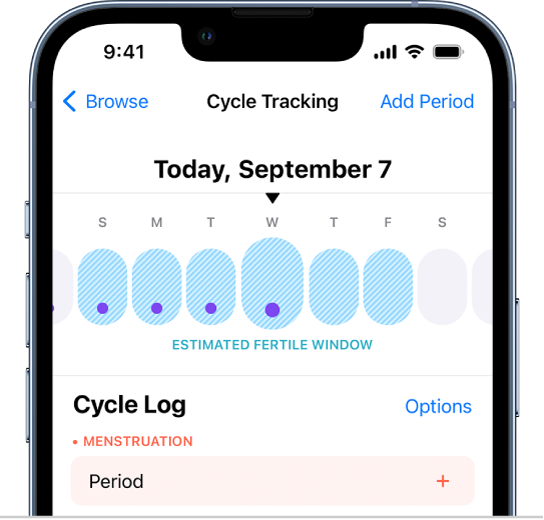 The Cycle Tracking screen with a timeline near the top showing an estimated fertile window.