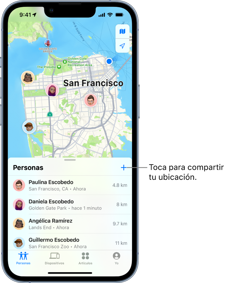La pantalla Encontrar abierta mostrando la lista Personas. Se muestran cuatro personas en la lista: Abigail Real, Olivia Real, Daniel Ramírez y Lalo Real. Toca el botón Agregar arriba de la lista Personas para compartir tu ubicación.