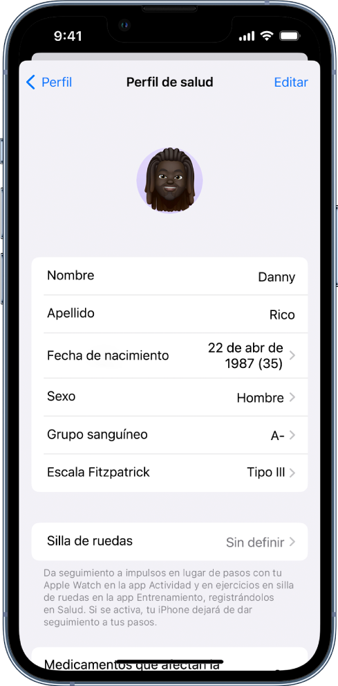 La pantalla Perfil de salud.