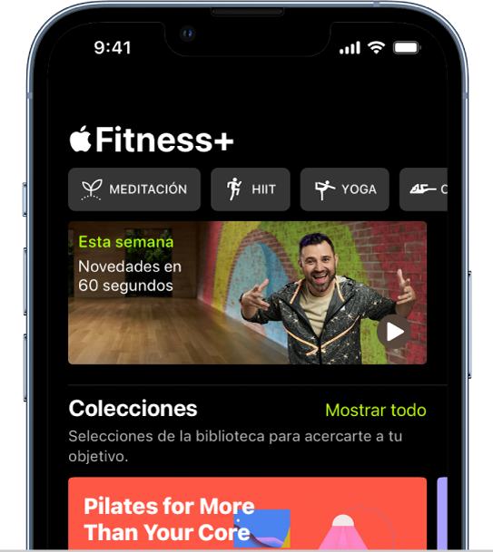 La pantalla de Apple Fitness+ mostrando, de izquierda a derecha, distintos tipos de entrenamientos en la fila superior. El área Esta semana reproduce un video de 60 segundos de entrenamientos, coaches y programas de entrenamiento que son nuevos en Apple Fitness+.