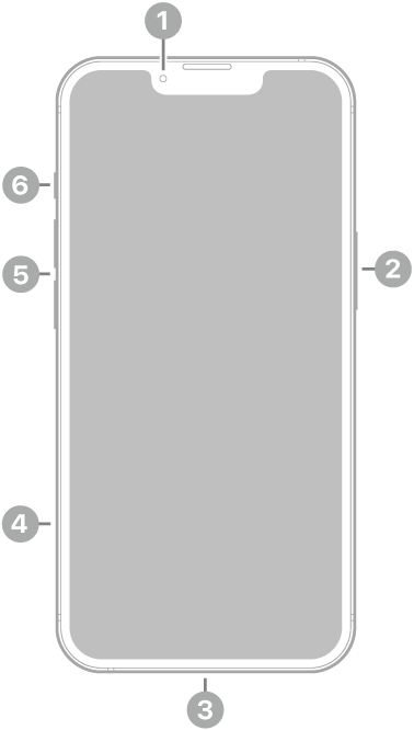 El frente del iPhone 13. La cámara frontal está en la parte superior central. El botón lateral está en el lateral derecho. El conector Lightning está en la parte inferior. En el lateral izquierdo, de abajo a arriba, se encuentran la bandeja de la tarjeta SIM, los botones de volumen y el interruptor de tono/silencio.