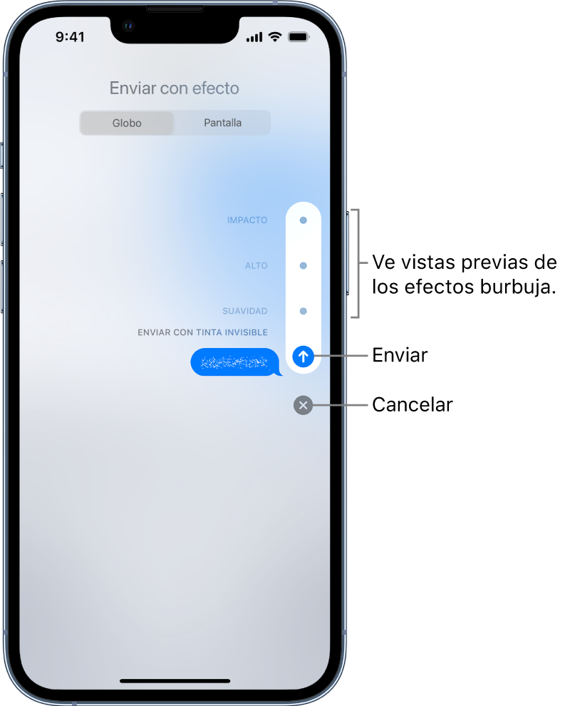 Una previsualización de un mensaje con el efecto de tinta invisible. A lo largo de la parte inferior, hay controles que muestran las vistas previas de los otros efctos y los botones Enviar y Cancelar.