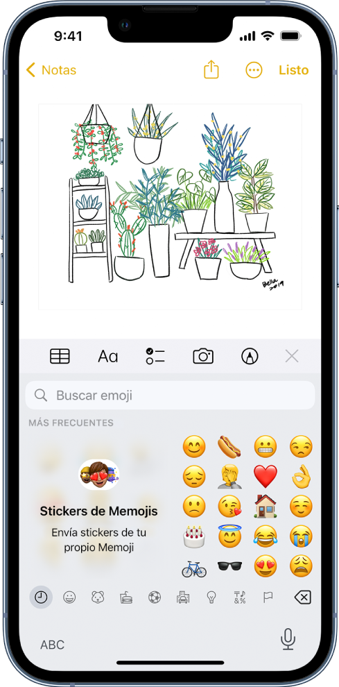 Una nota en la app Notas que se está editando, con el teclado de emojis abierto y el campo de búsqueda de emojis en la parte superior del teclado.