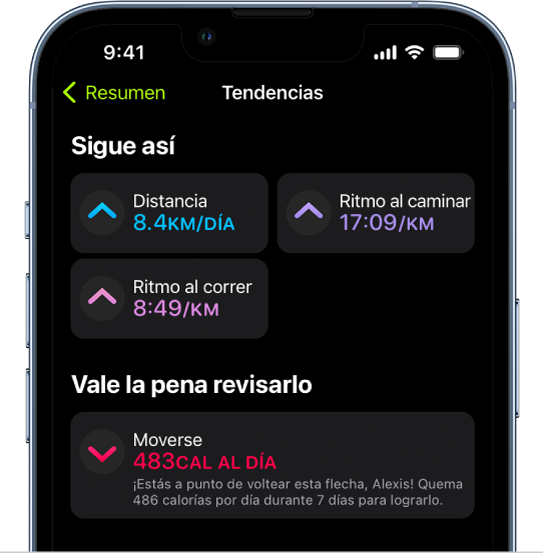La pantalla Tendencias de Fitness mostrando estadísticas para la distancia, el ritmo al correr, el ritmo al caminar y las calorías activas.