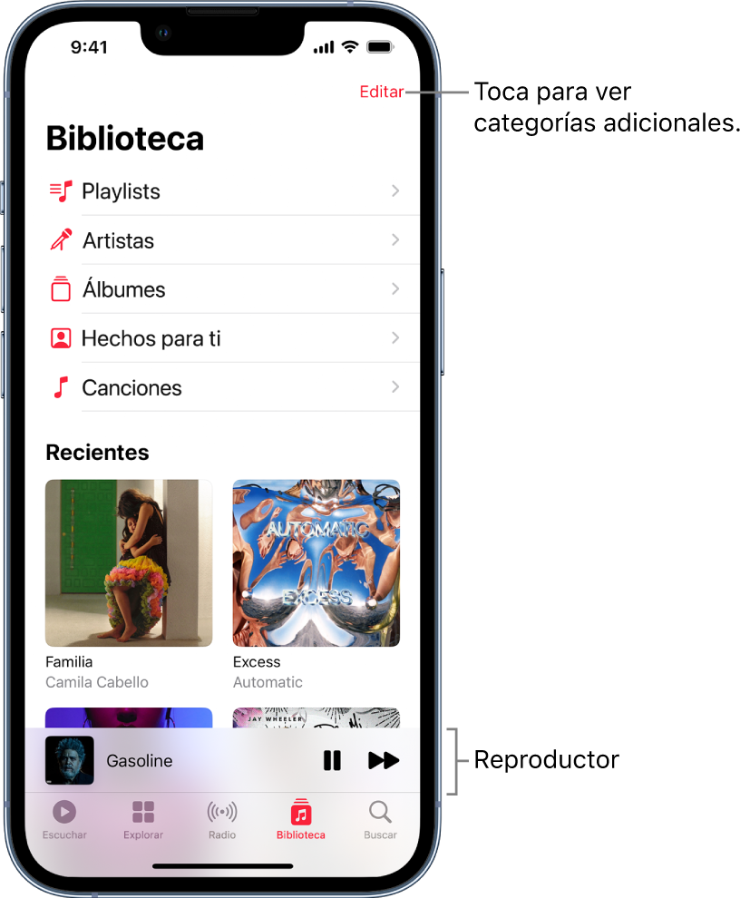 La pantalla Biblioteca mostrando una lista de categorías, incluyendo Playlists, Artistas, Álbumes, Hechos para ti y Canciones. Debajo de la lista aparece el encabezado Agregadas recientemente. El reproductor mostrando el título de la canción actual y los botones Reproducir y Siguiente, que aparecen cerca de la parte inferior.