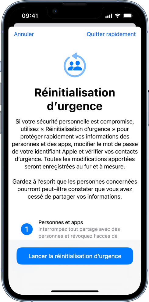 L’écran « Réinitialisation d’urgence » avec des informations sur le fonctionnement de la fonctionnalité. Le bouton « Lancer la réinitialisation d’urgence » se trouve en bas de l’écran.