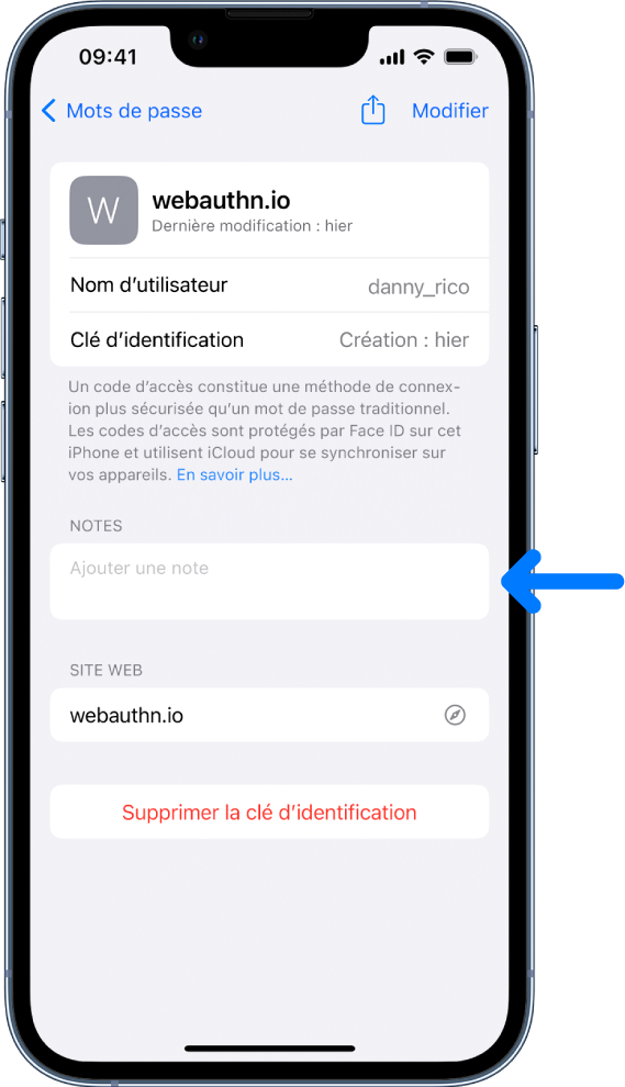 Écran de clé d’identification dans le trousseau iCloud, avec des informations sur la clé d’identification et un espace pour ajouter et consulter des notes.