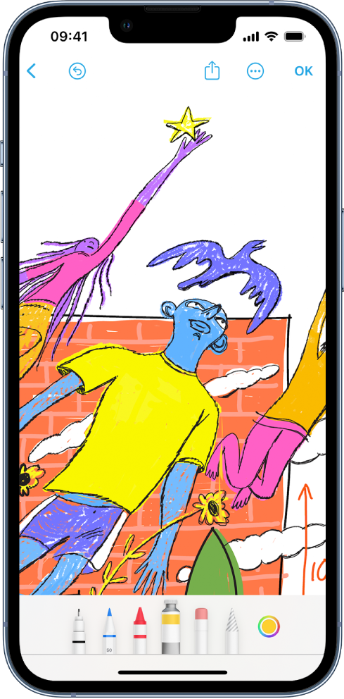 Un iPhone avec l’app Freeform et le menu des outils de dessin ouvert. Le tableau contient un dessin.