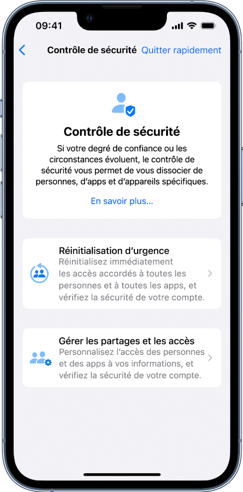 L’écran « Contrôle de sécurité » affiche des informations sur la fonctionnalité, ainsi que les boutons « Réinitialisation d’urgence » et « Gérer les partages et les accès ».