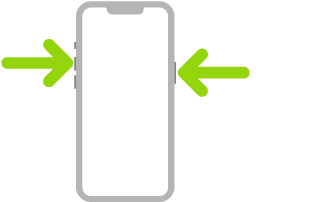 Illustration de l’iPhone avec des flèches pointant vers le bouton latéral en haut à droite et le bouton d’augmentation du volume en haut à gauche.