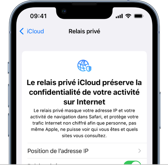 L’écran Réglages pour activer ou désactiver « Relais privé iCloud ».