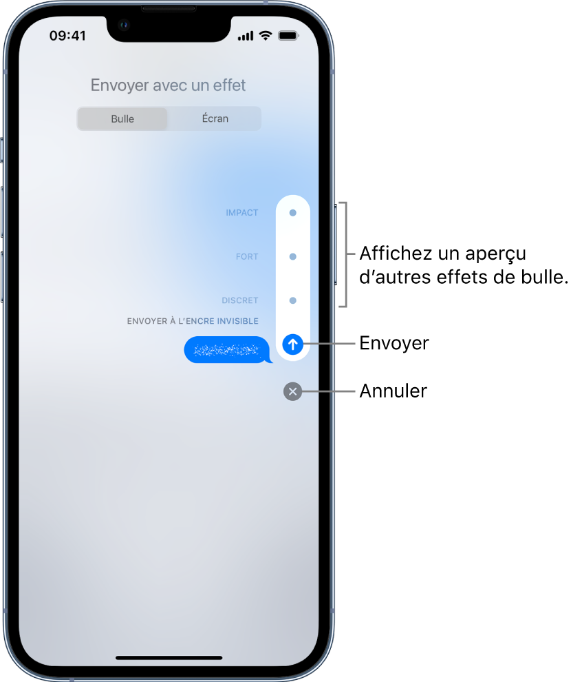 Aperçu d’un message contenant un effet « Encre invisible ». Sur la droite se trouvent des commandes affichant des aperçus des autres effets de bulle ainsi que les boutons Envoyer et Annuler.