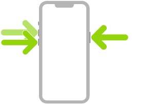 Illustration de l’iPhone avec des flèches pointant vers le bouton latéral en haut à droite et les boutons d’augmentation et de diminution du volume en haut à gauche.
