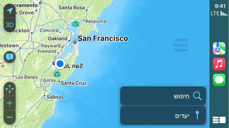 CarPlay‏ מראה אייקונים ל״מפות״ ״ מוזיקה״ ו״הודעות״ מצד ימין ומפה של האזור הנוכחי מצד שמאל