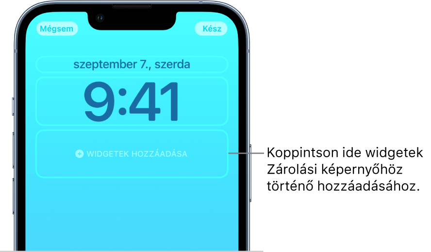 Az egyéni Zárolási képernyő létrehozása folyamatban van. Kiválasztásra kerültek a további testreszabható elemek – a dátum, az idő és egy gomb a widgetek hozzáadásához.