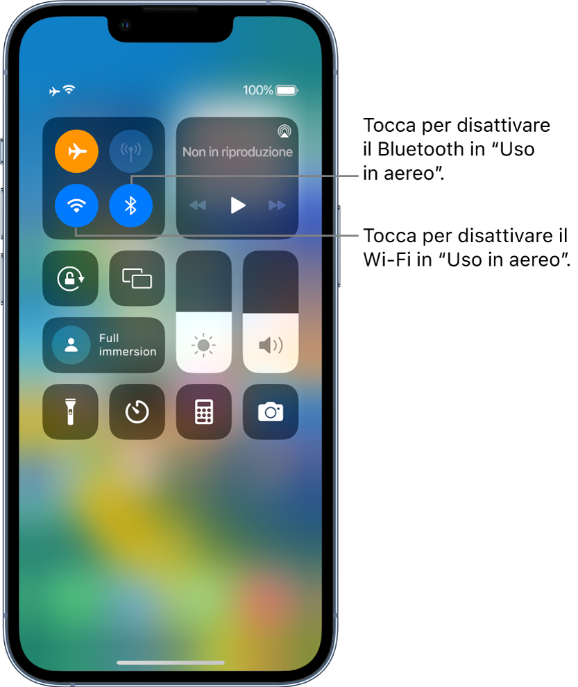 Centro di Controllo con la modalità “Uso in aereo” attivata. Nel gruppo di controlli in alto a sinistra sono visibili il pulsante Wi-Fi (in basso a sinistra) e il pulsante Bluetooth (in basso a destra).
