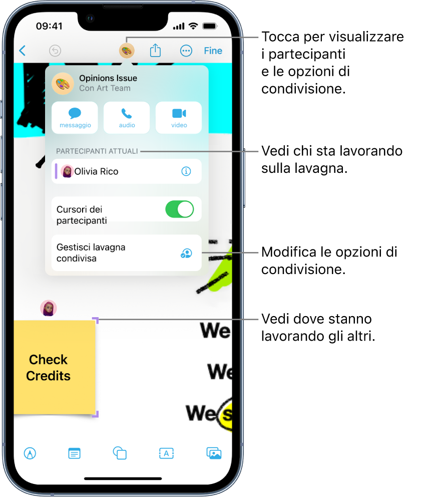 Una lavagna condivisa con il menu Collaborazione visibile.