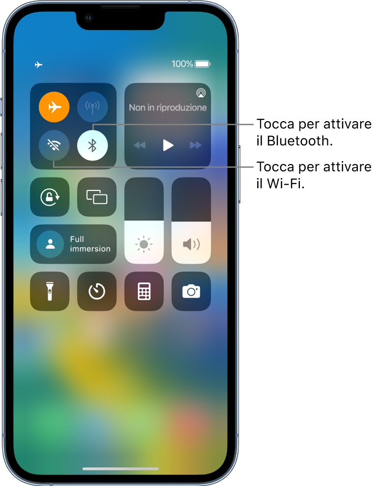 Centro di Controllo con la modalità “Uso in aereo” attivata. I pulsanti per attivare il Wi-Fi e il Bluetooth sono visibili nell'angolo superiore sinistro di Centro di Controllo.