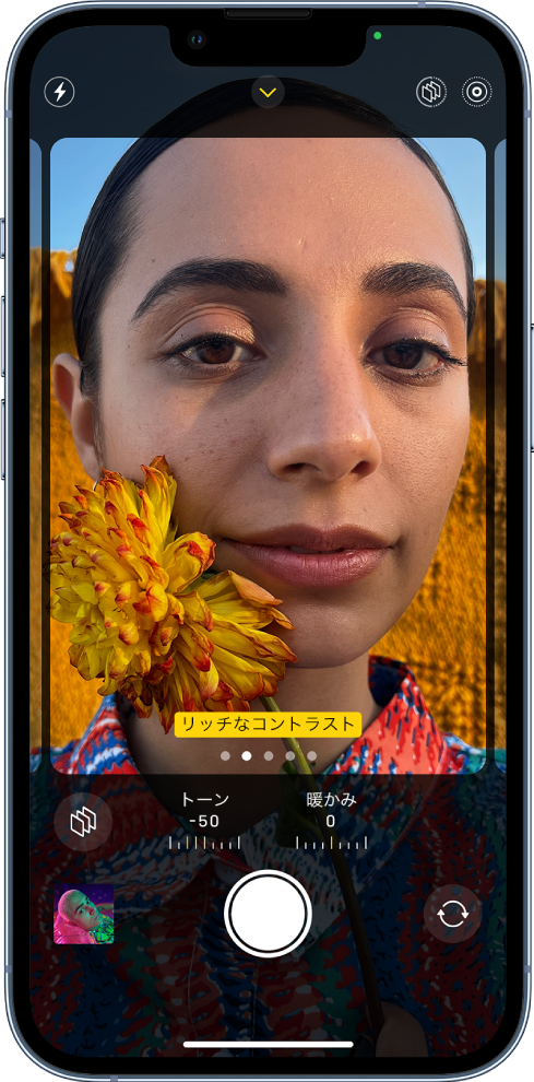 「カメラ」が開いていて、「フォトグラフスタイル」画面が表示されています。画面の左上隅には、フラッシュボタンがあります。画面の上部中央にはカメラコントロールボタンがあり、オンになっています。右上隅には、オンになっているフォトグラフ・スタイル・ボタンとLive Photosボタンがあります。画面いっぱいのカメラの枠に、「リッチなコントラスト」スタイルが表示されています。カメラの枠の下には、スタイルボタン、「トーン」と「暖かみ」の値を調整するスライダ、スタイル・リセット・ボタンがあります。画面の下部には、左から順に、写真およびビデオビューアボタン、写真撮影ボタン、背面カメラ選択ボタンがあります。