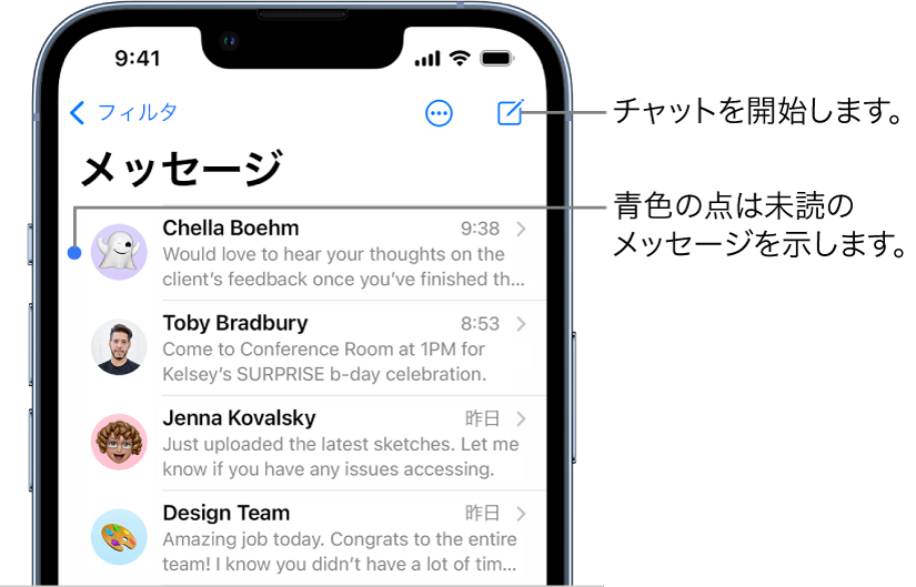 「メッセージ」リスト。右上に「新規作成」ボタンがあります。メッセージの左側にある青い点は未開封であることを示します。