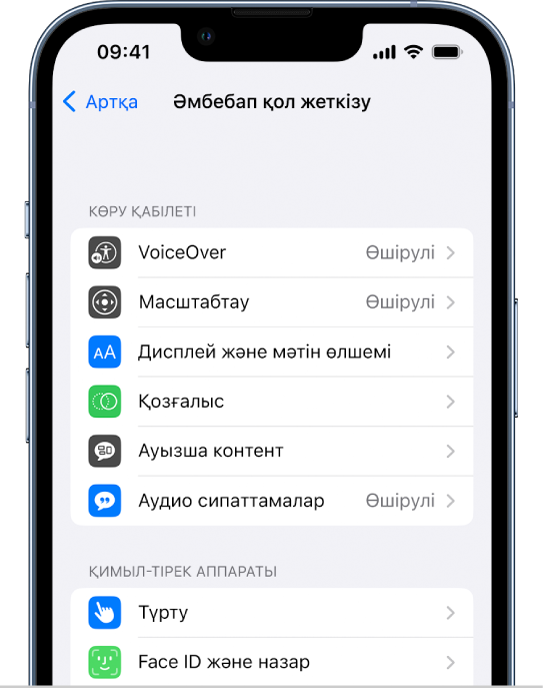 Келесі кірістірілген мүмкіндіктерді жоғарыдан төмен қарай көрсетіп тұрған «Реттеулер» терезесіндегі «Қолжетімділік» экраны: Көру мүмкіндіктері, соның ішінде VoiceOver, «Масштабтау», «Дисплей» және «Мәтін өлшемі», «Қозғалыс», «Ауызша мазмұн», «Аудио сипаттамалар» және Touch ID және Face ID және «Назар аудару» параметрлерін қоса алғанда, Қимыл-тірек аппаратының мүмкіндіктері.